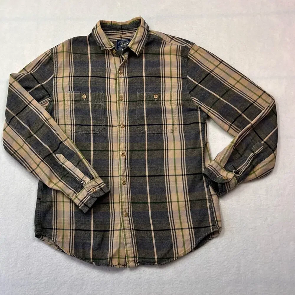 J. Crew Shirt Mens Long Sleeve Button Down Medium Beige Black Flannel Plaid